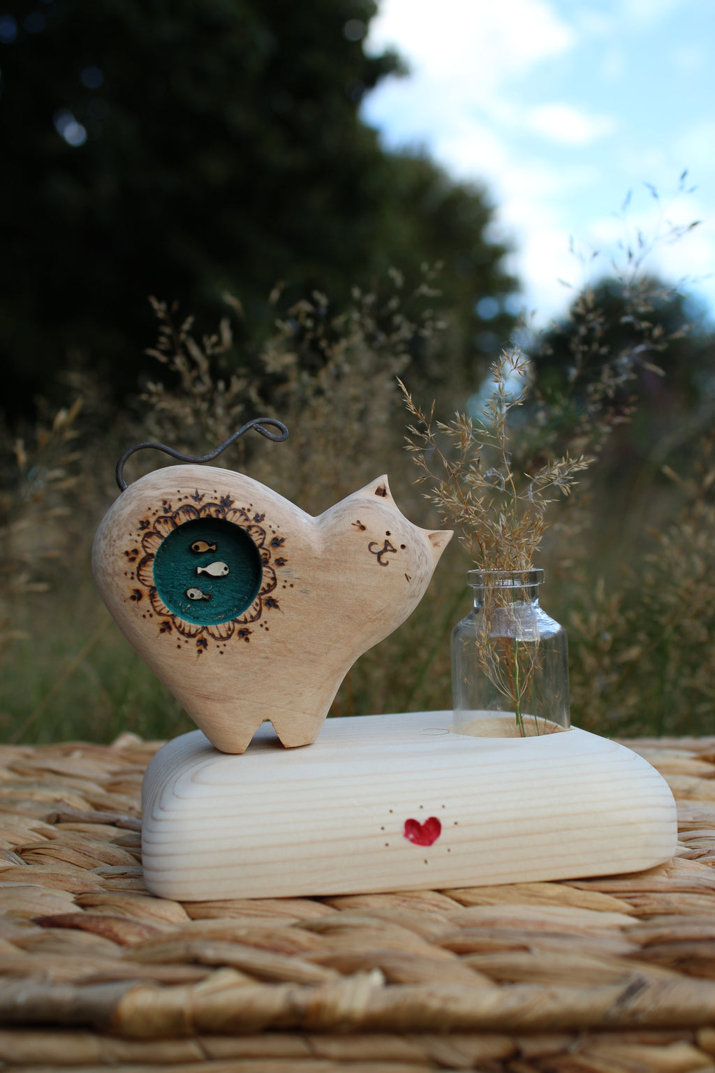 Fish in Belly Cat Clock – Handmade Wooden Shelf Clock