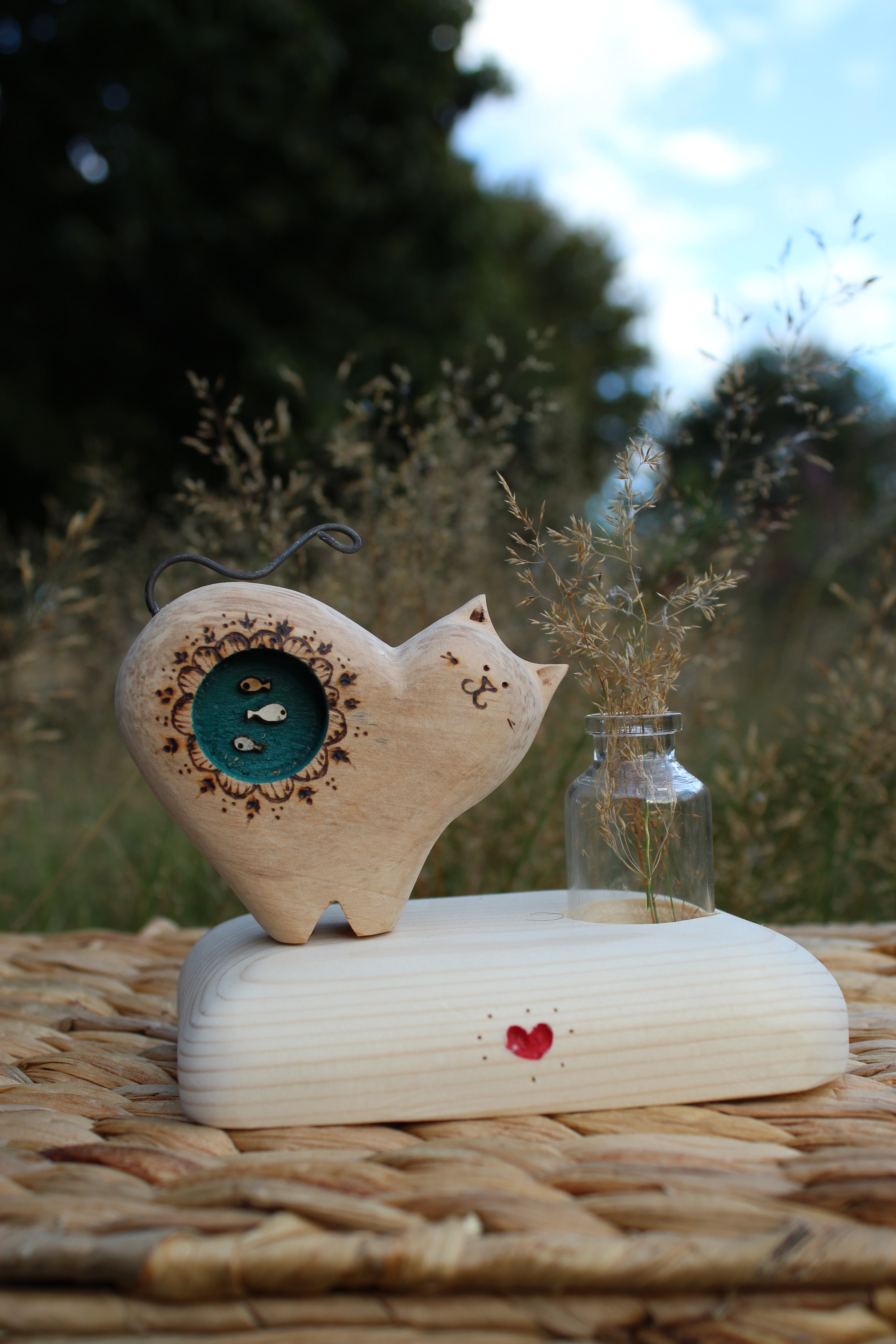 Fish in Belly Cat Clock – Handmade Wooden Shelf Clock