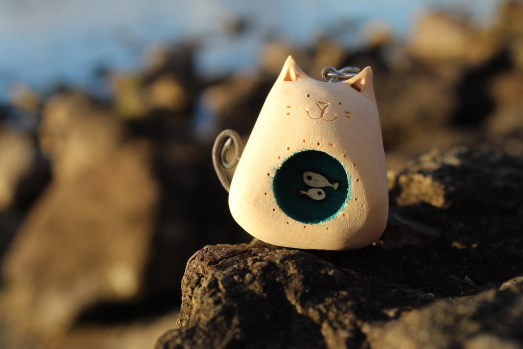 Fish in Belly Cat Keychain – Handmade Wooden Keyring