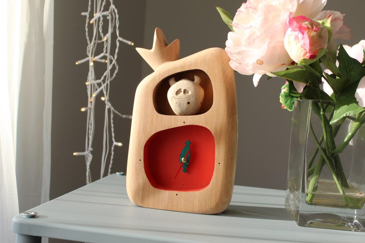 Cheese Monster Clock – Handmade Wooden Shelf Clock